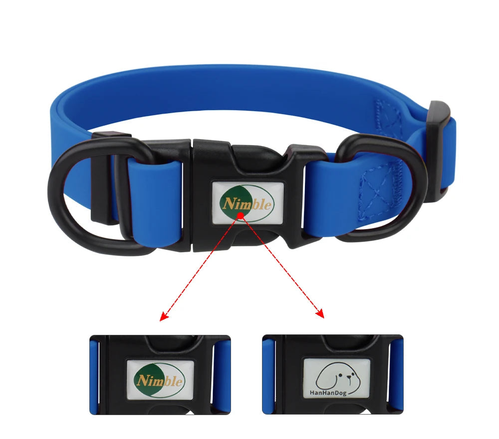 Blue dog collar with black buckle featuring a brand logo on a white background