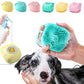 Pet grooming products including a spray bottle, brush, and bath ball with a dog being bathed.