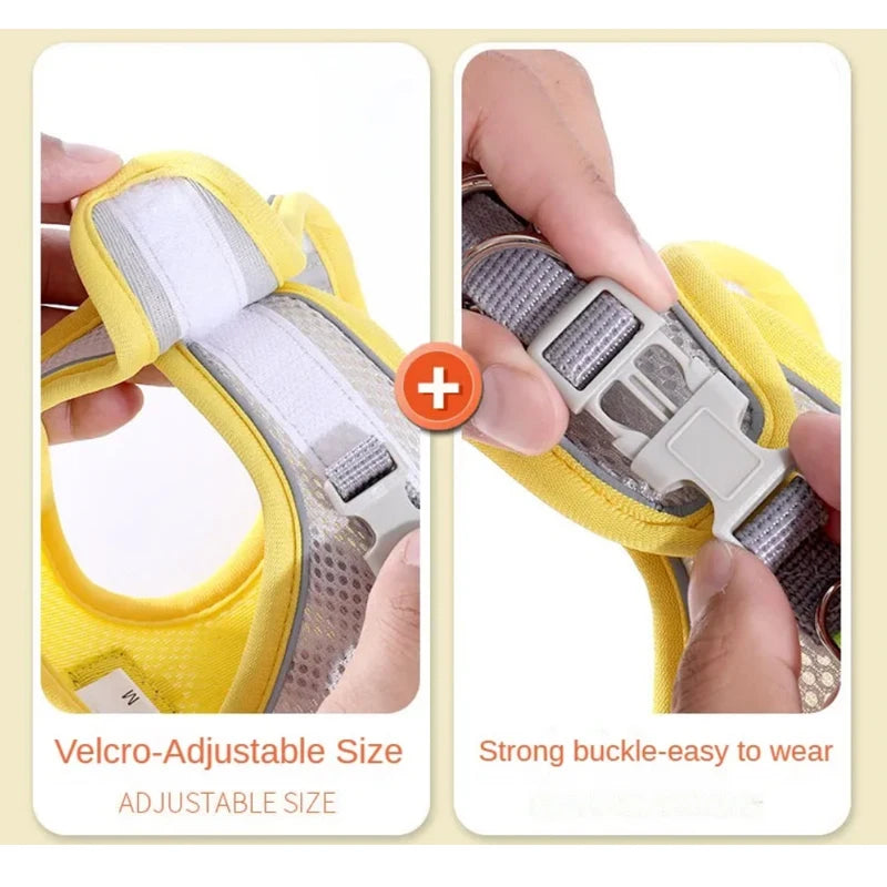 Collage showing a yellow dog harness with a strong buckle and adjustable velcro strap.