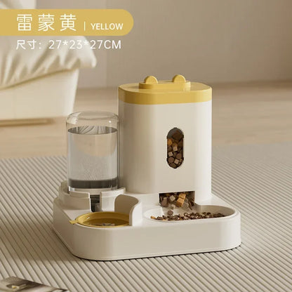 Pet feeder with water dispenser on a neutral background