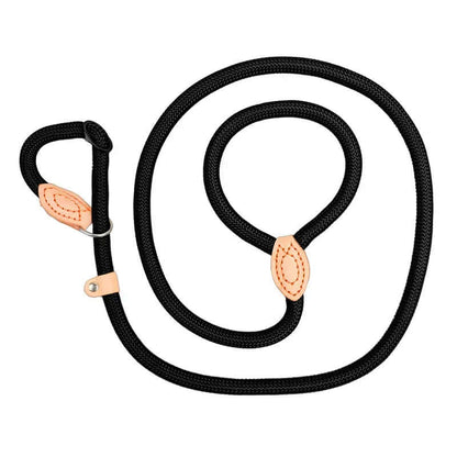 Black dog leash with rose gold hardware on a white background