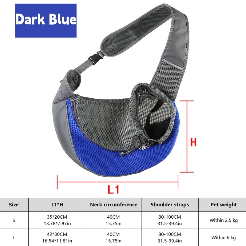 Pet sling carrier with dark blue interior and gray exterior, showing measurements and size chart.