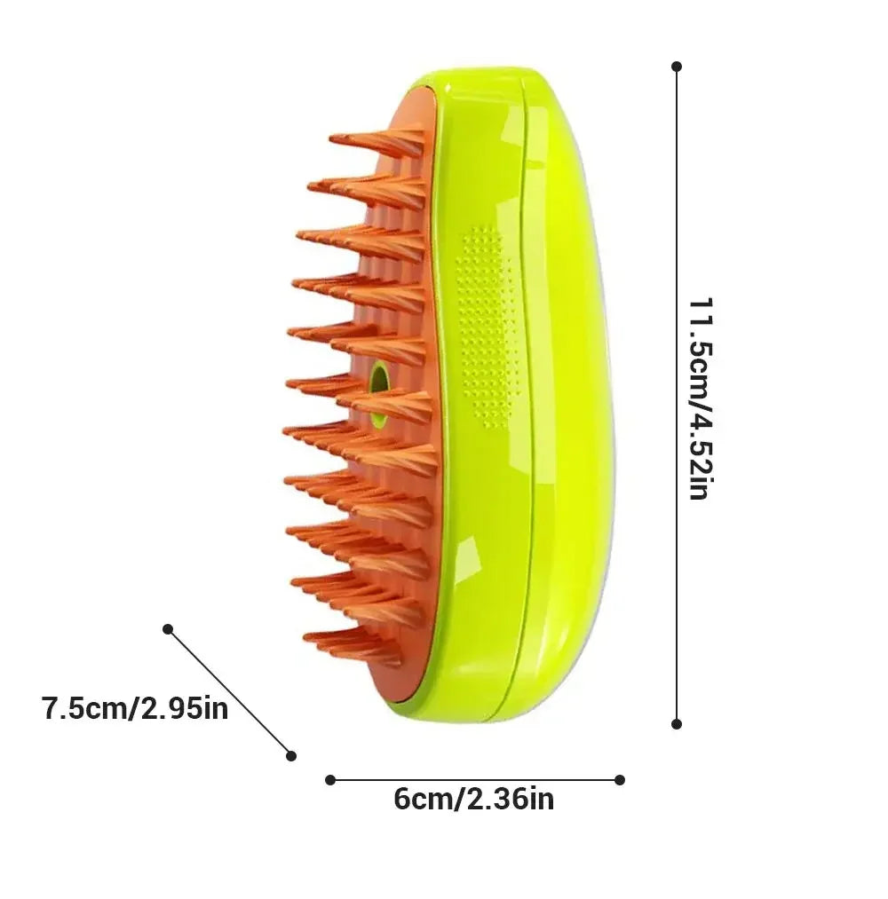 Green and orange pet grooming brush with measurements on a white background