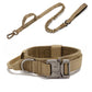 Tan dog collar with metal buckle and bungee leash on a white background