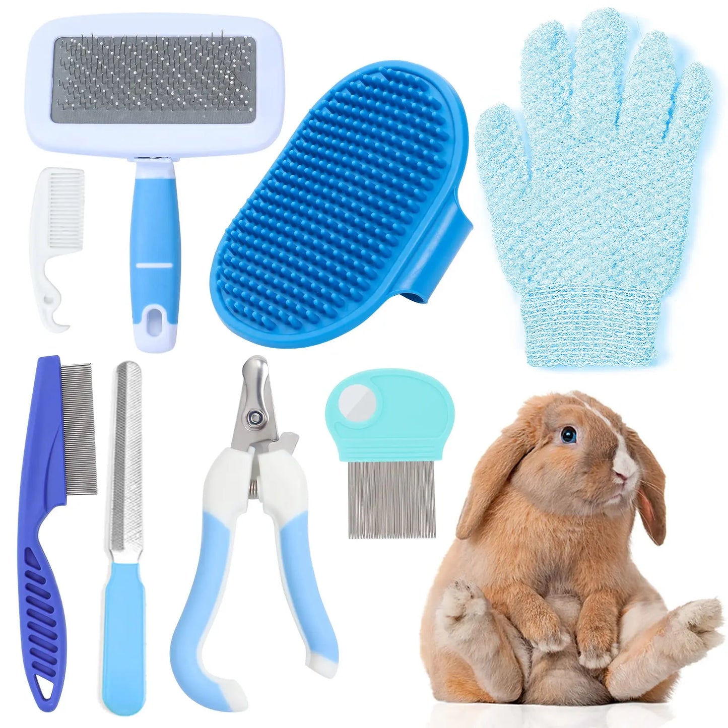Set of pet grooming tools including brushes, a comb, nail clippers, and a glove with a rabbit sitting next to them.
