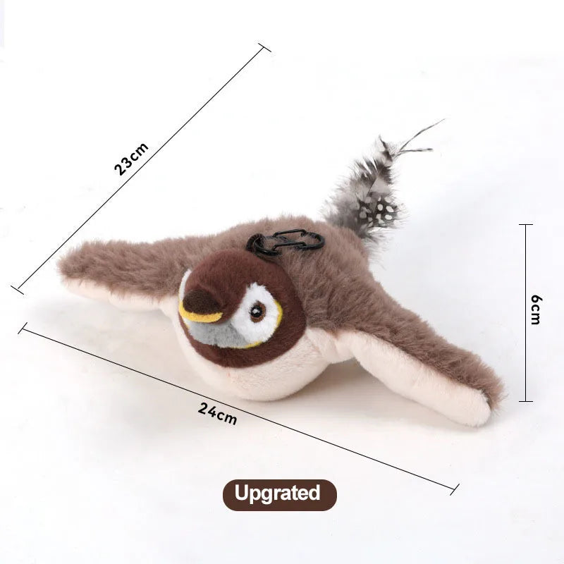 Plush bird toy with measurements on a white background