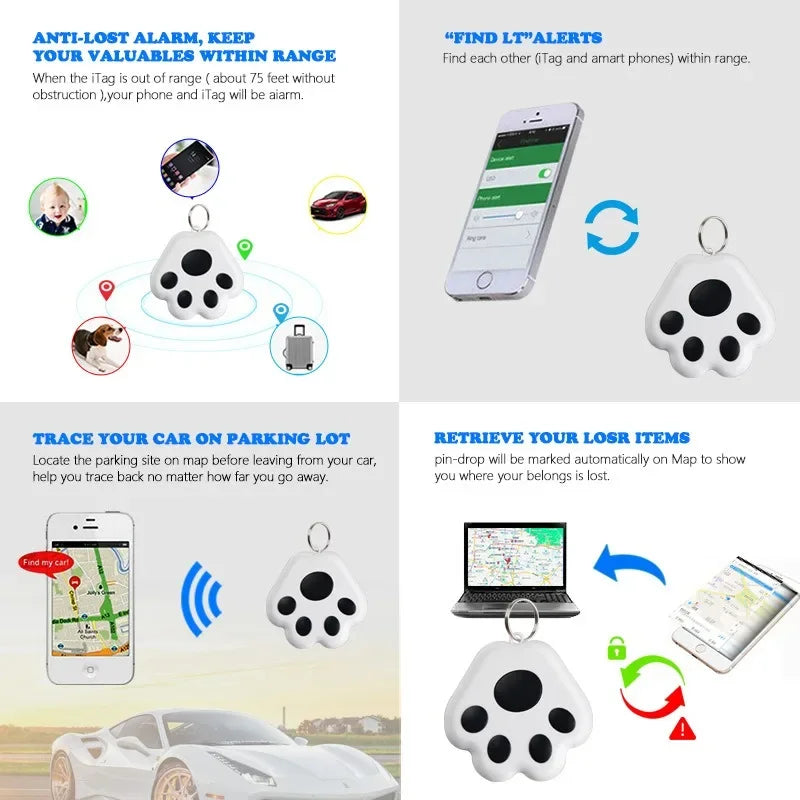 Smart tracking device with app interface on smartphone, showing features like anti-lost alarm and location tracking.