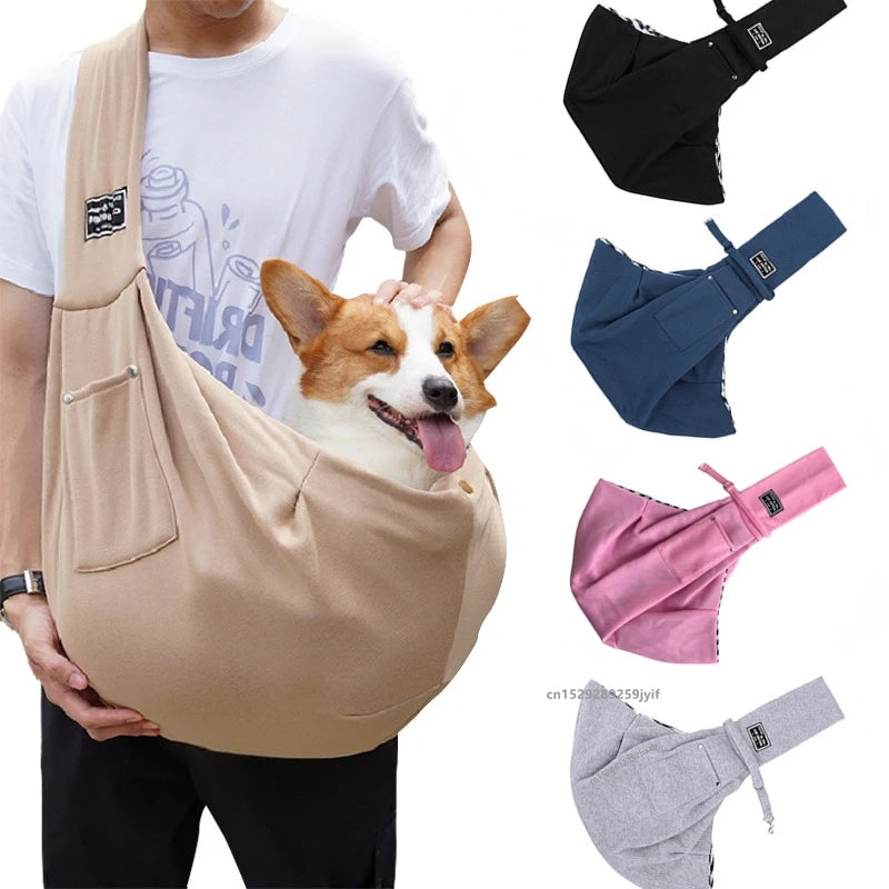 Dog in a beige sling carrier with additional slings in different colors displayed.