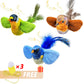 Three colorful bird-shaped cat toys with a light bulb and gift box on a white background