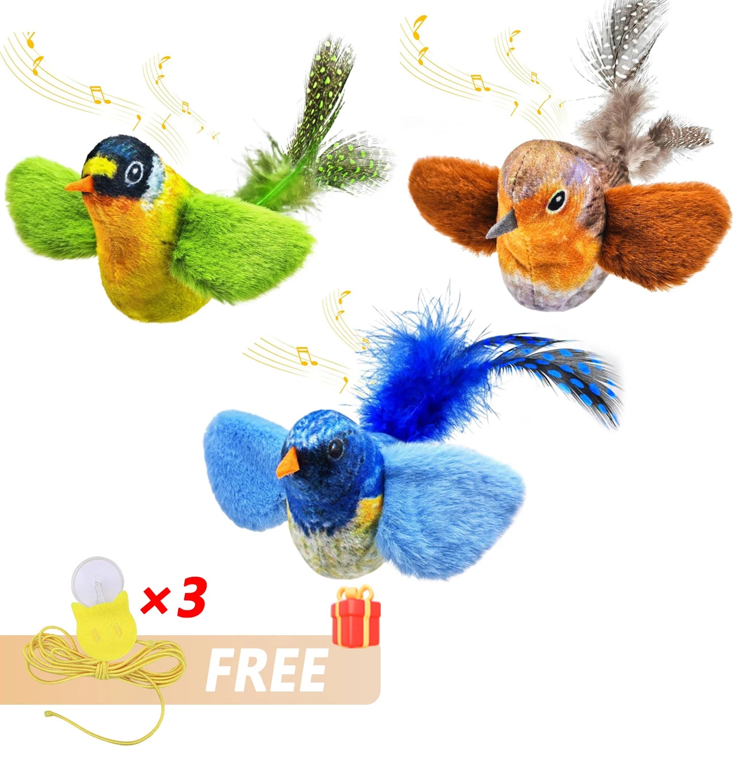 Three colorful bird-shaped cat toys with a light bulb and gift box on a white background