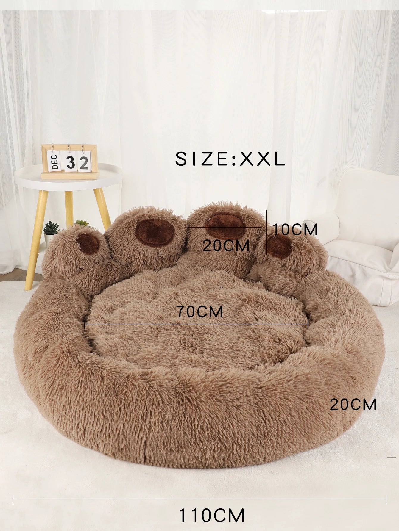 Measurement chart of a brown pet bed with dimensions labeled.
