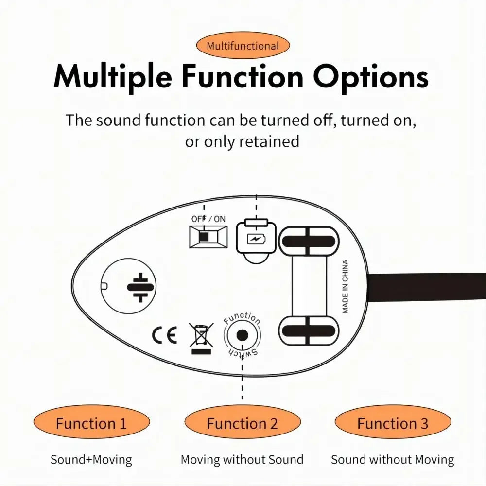 Diagram of a multifunctional device with labeled sound and movement functions on a white background.