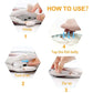 Instructions on how to use a device for cleaning fish, with labeled steps and hand movements.