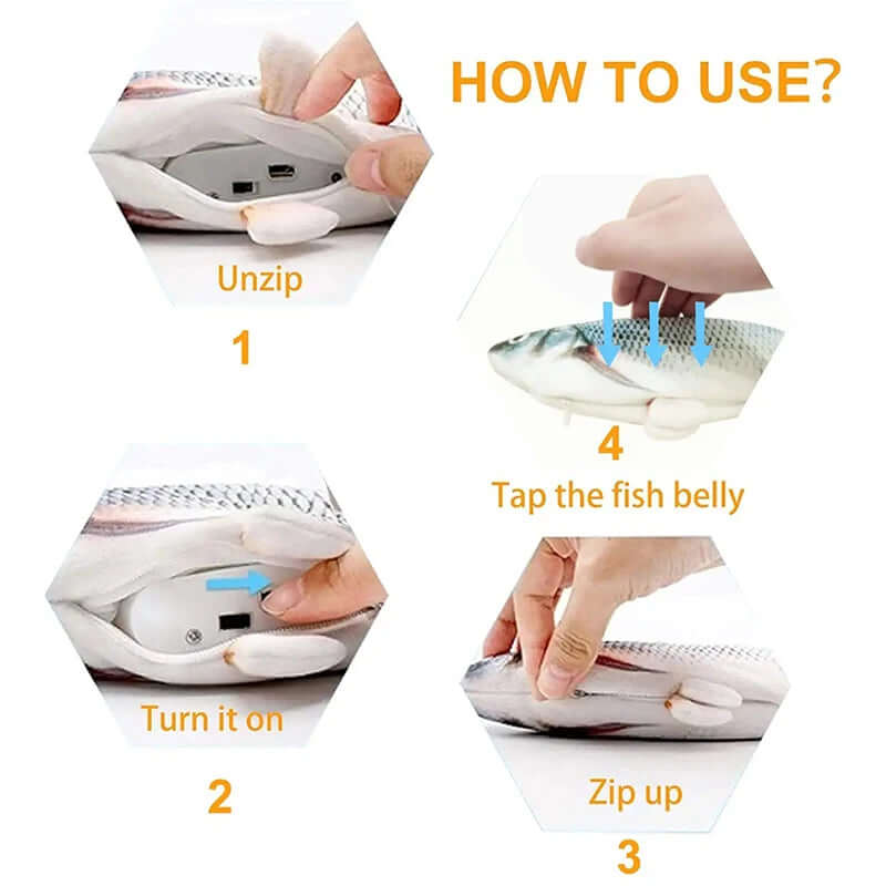 Instructions on how to use a device for cleaning fish, with labeled steps and hand movements.