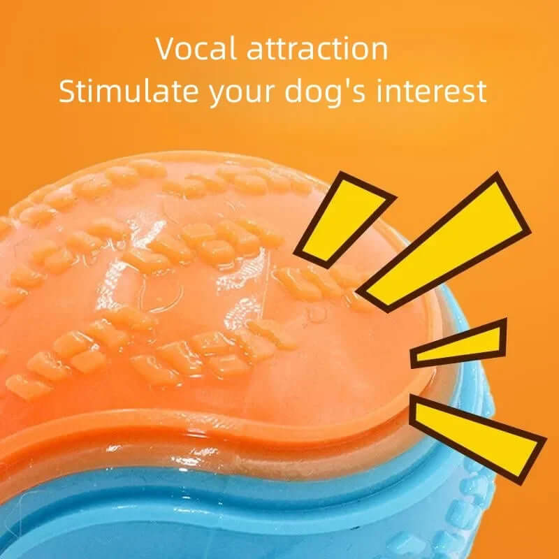 Dog toy with textured surface and text on an orange background