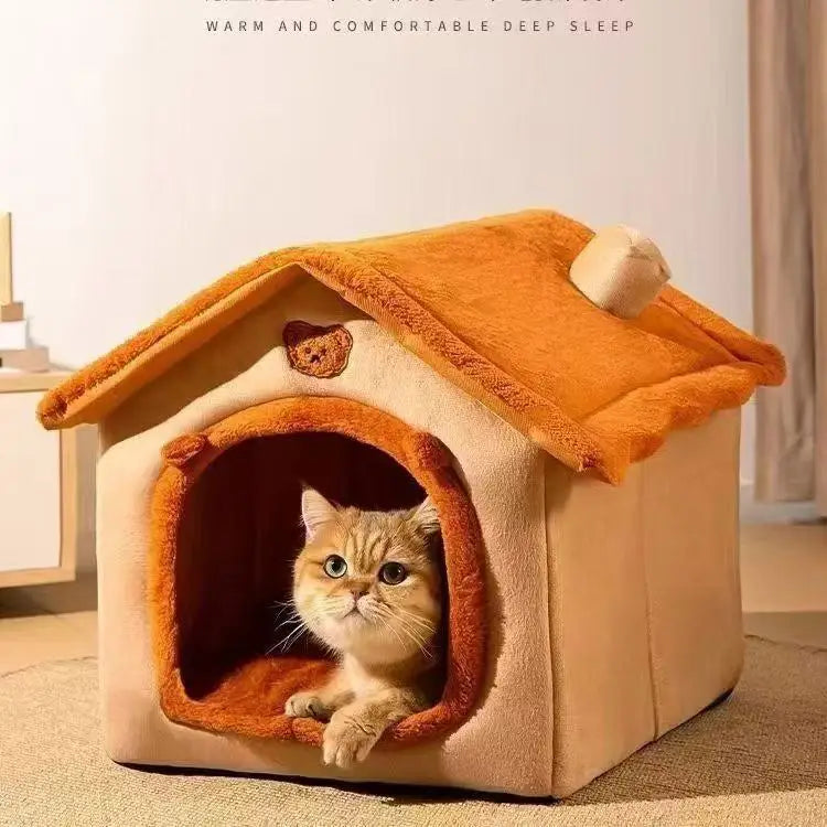 Cat peeking out from a cozy pet house with a warm and comfortable design.