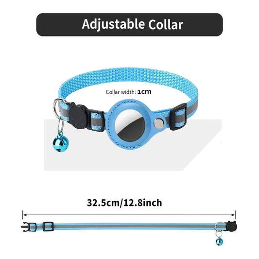 Blue adjustable pet collar with bell, dimensions displayed