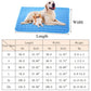 Blue pet cooling mat with two dogs on a white background, showing measurements.
