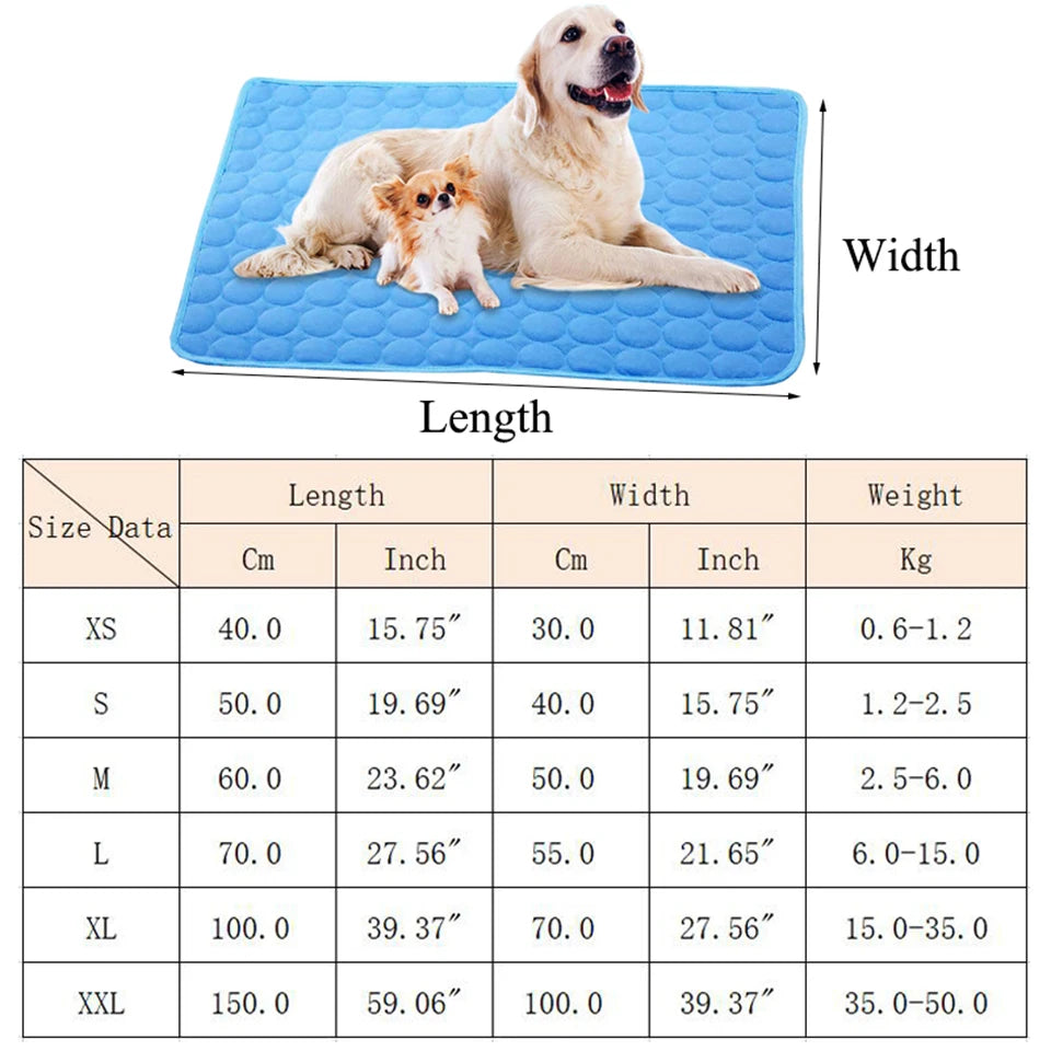 Blue pet cooling mat with two dogs on a white background, showing measurements.