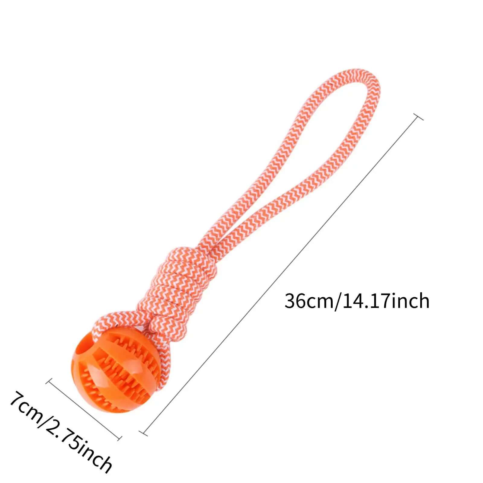 Orange dog toy with a rope and measurements on a white background