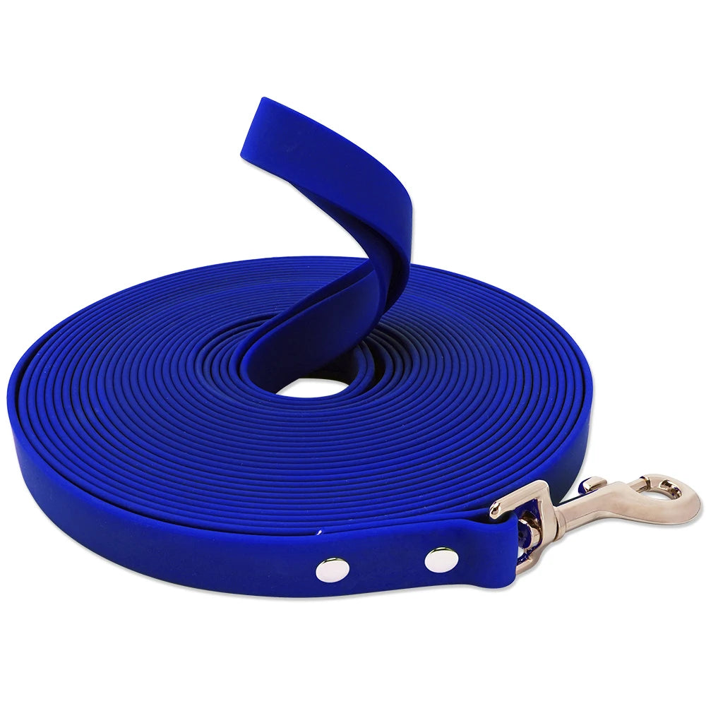 Blue dog leash with a metal clip on a white background