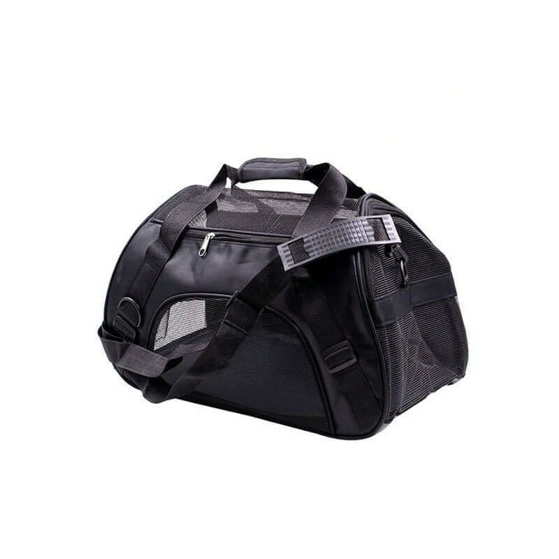 Black pet carrier with mesh side on a white background