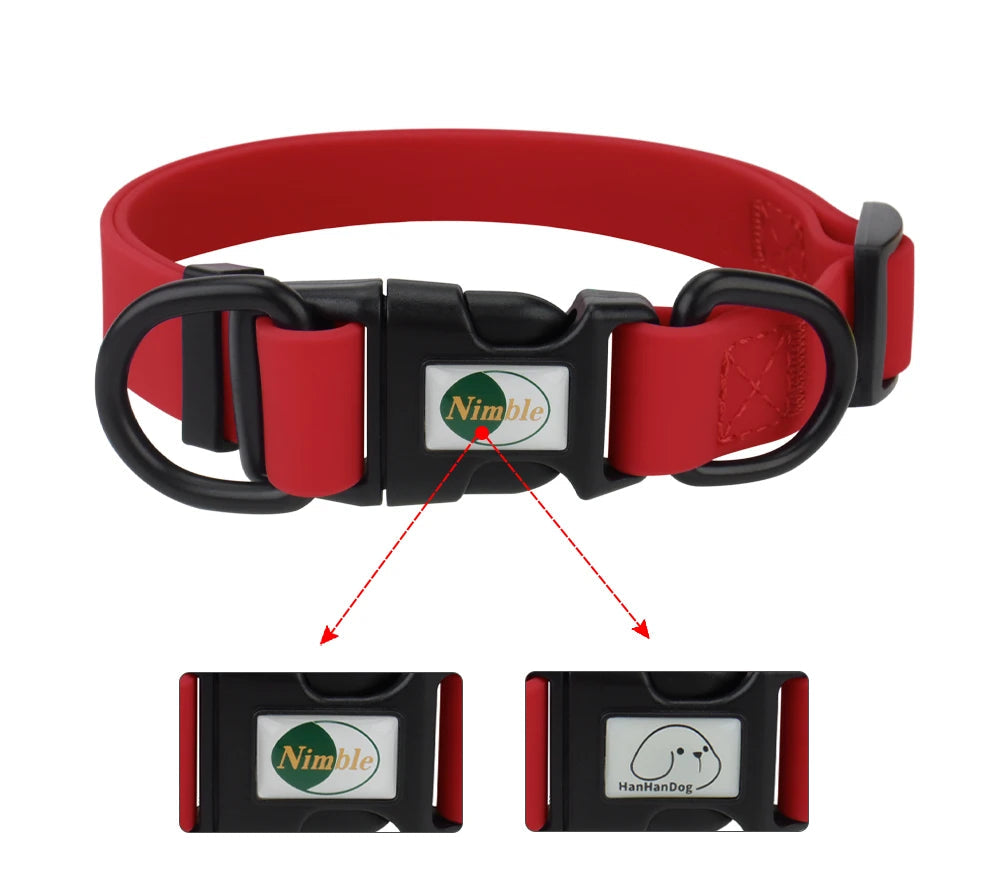 Red dog collar with black buckle featuring a brand logo on a white background