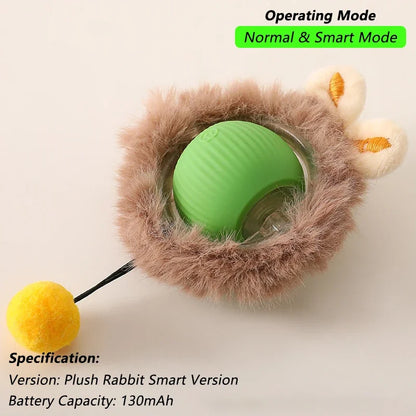 Plush rabbit-shaped toy with green ball inside, labeled 'Operating Mode Normal & Smart Mode' and 'Specification Plush Rabbit Smart Version Battery Capacity 130mAh'.