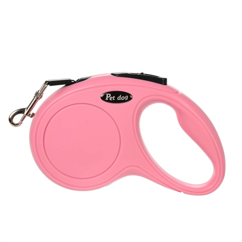 Pink retractable dog leash with 'Pet Dog' label on a white background