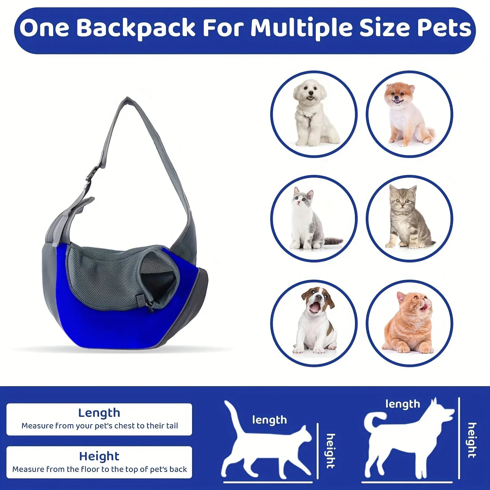 Blue and gray pet backpack with illustrations of pets of different sizes on a white background