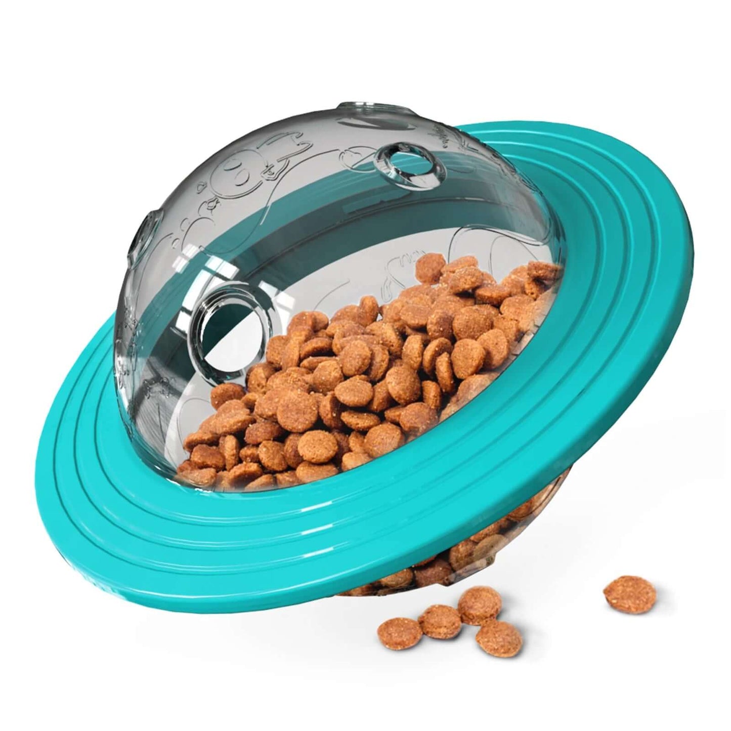 Pet food container with a transparent lid filled with kibble on a white background