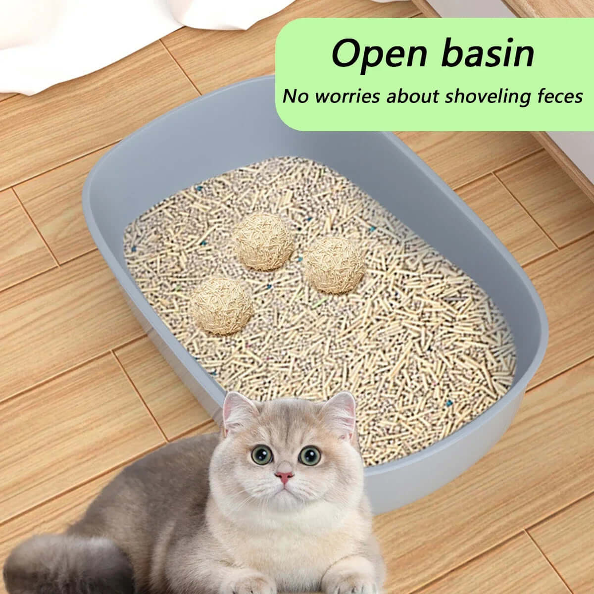 Cat sitting next to an open cat litter box with text about no worries about shoveling feces.