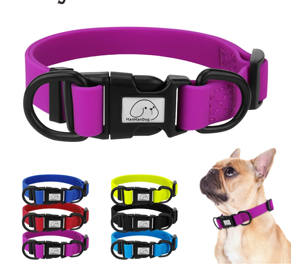 Purple dog collar with a brand logo, displayed on a white background with a small dog wearing it.