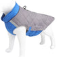 Gray and blue quilted dog coat on a mannequin against a white background