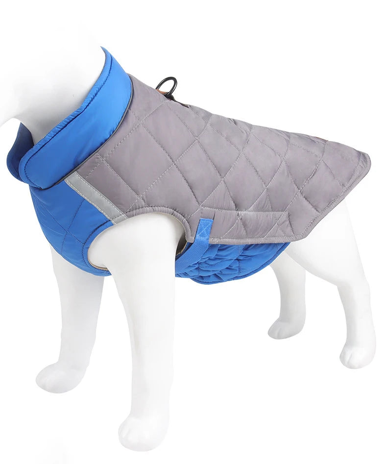 Gray and blue quilted dog coat on a mannequin against a white background