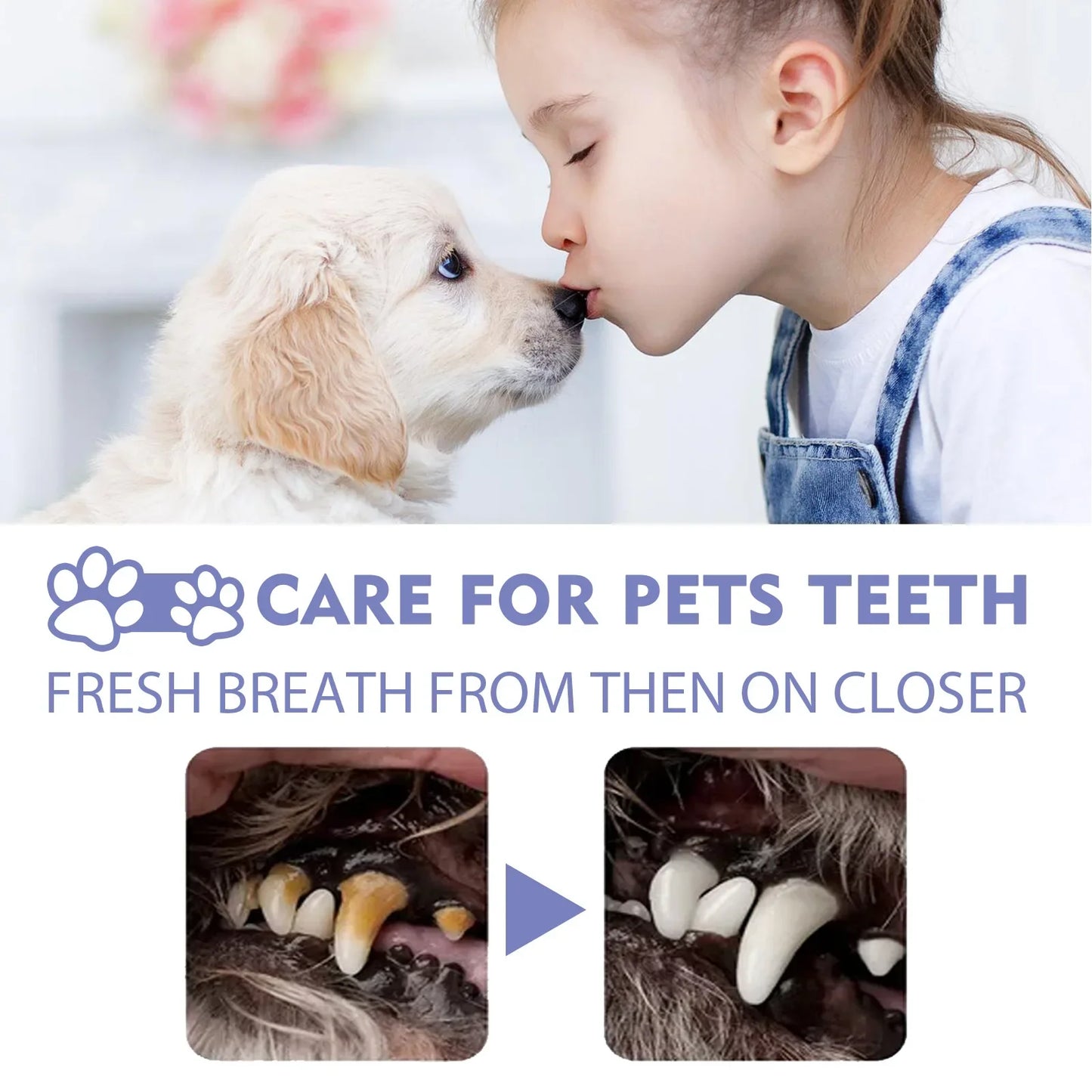 Child kissing a puppy with text about pet tooth care and fresh breath.