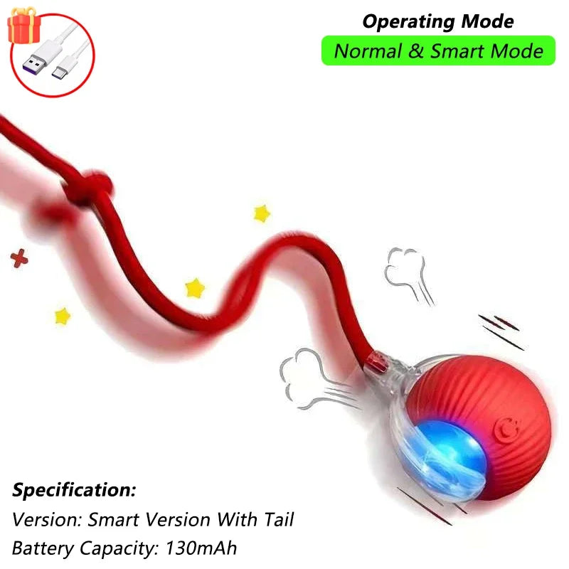 Red ball with a tail, USB cable, and text about operating modes and specifications on a white background.