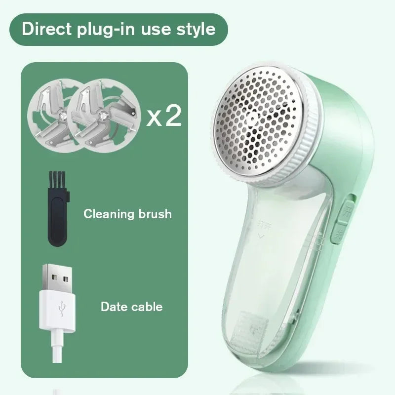 Green fabric shaver with cleaning brush and date cable on a white background
