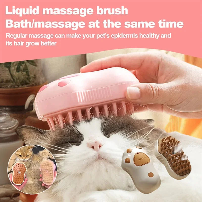 Person using a pink liquid massage brush on a cat with text about pet care.