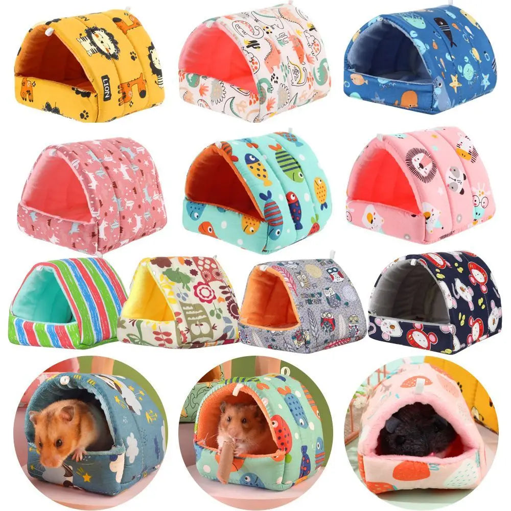 Collection of colorful pet tents with various patterns and small animals inside.