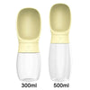 Two yellow pet water bottles with measurement labels on a white background
