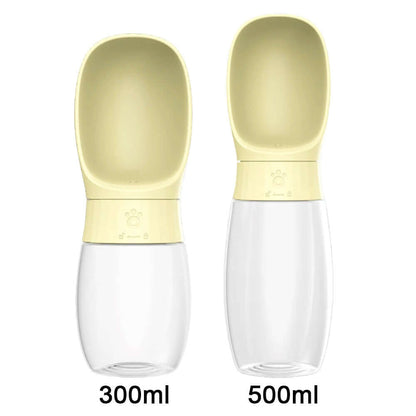 Two yellow pet water bottles with measurement labels on a white background
