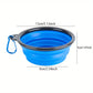 Blue collapsible dog bowl with carabiner and measurements on a white background