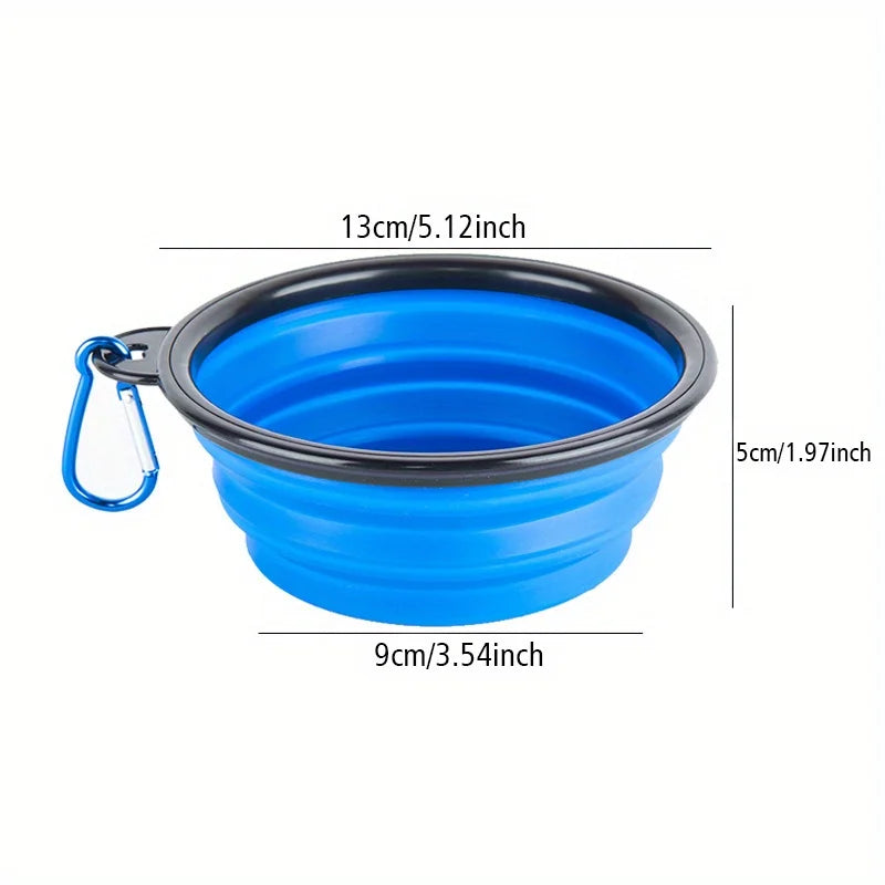 Blue collapsible dog bowl with carabiner and measurements on a white background
