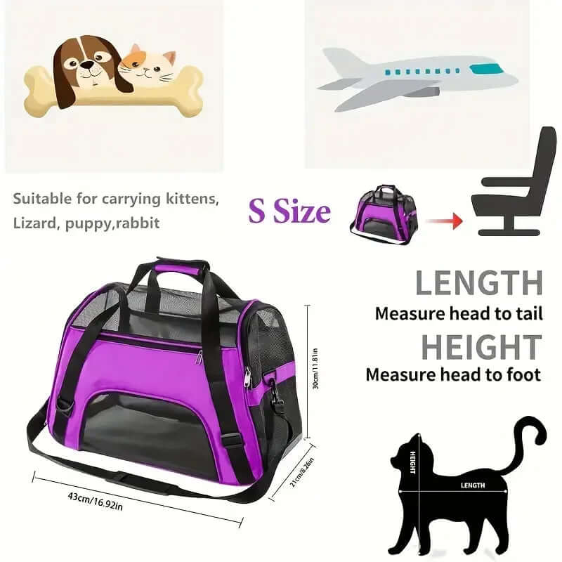 Pet carrier with dimensions and usage instructions on a white background