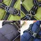 Collage of close-up images of dog harnesses with zippers and buckles on green, blue, and black backgrounds.