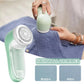 Hair ball trimmer being used on a blue sweater with 'Before' and 'After' comparisons.