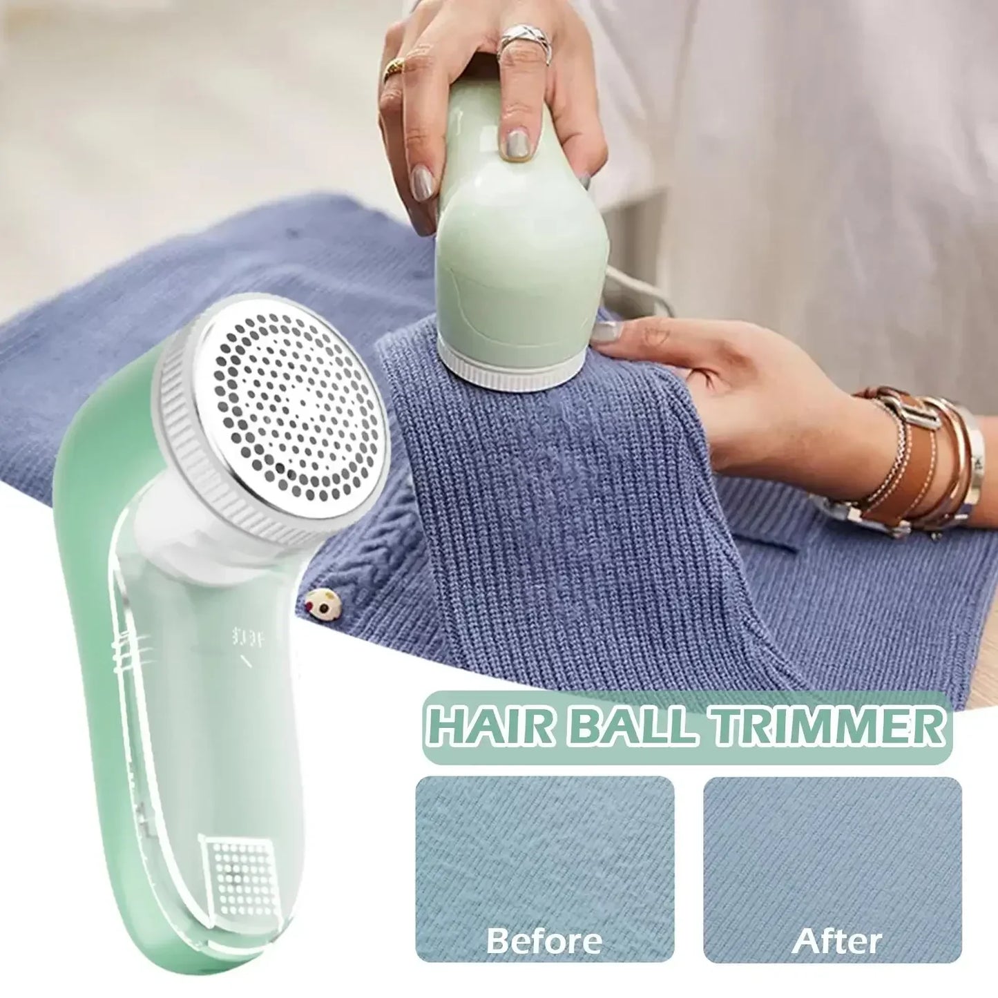 Hair ball trimmer being used on a blue sweater with 'Before' and 'After' comparisons.