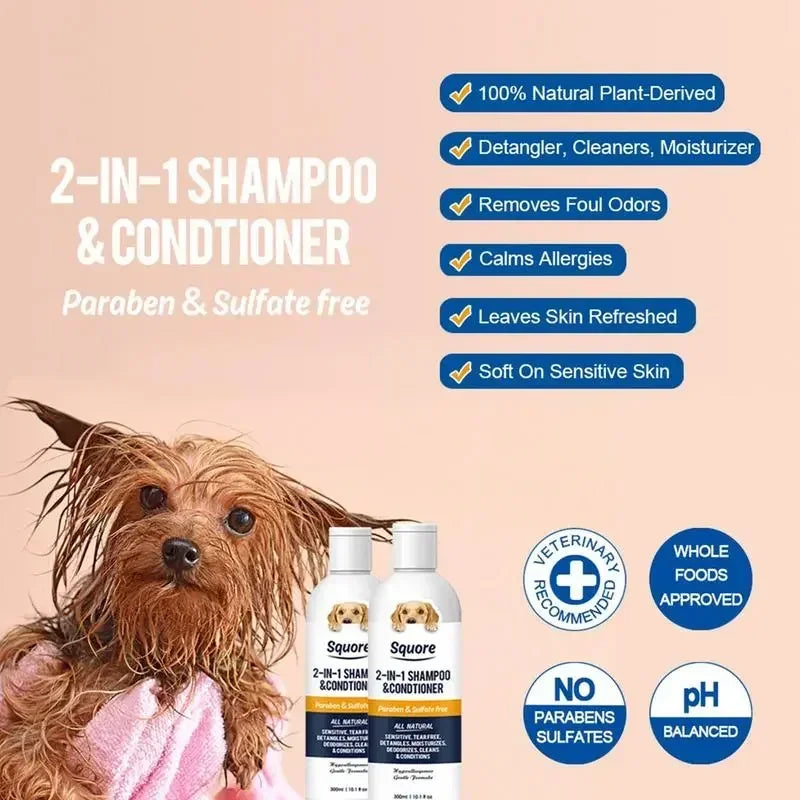 Dog with wet fur next to Square 2-in-1 Shampoo & Conditioner bottles on a pink background with product features listed.