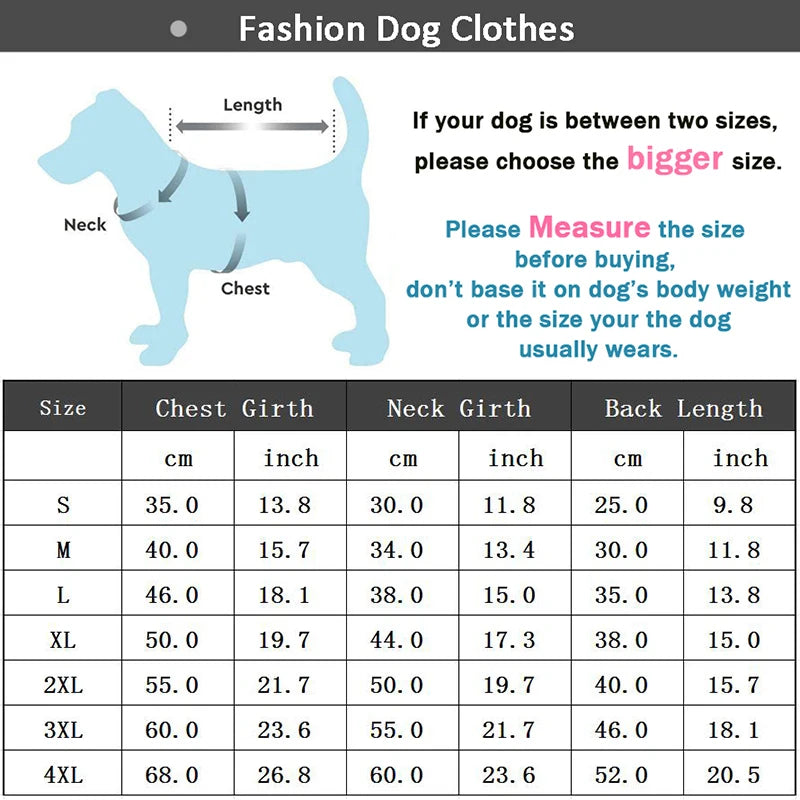 Dog clothing size chart with measurements and instructions on how to choose the right size.